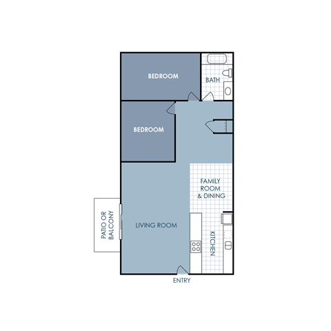 Floor plan for 2 beds, 1 bath, 888 sqft